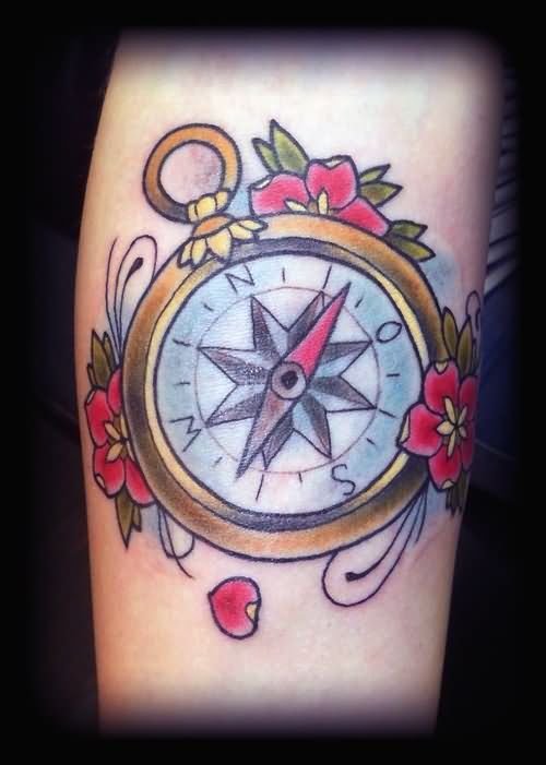 Nautical Compass And Cherry Blosoom Flowers Tattoo